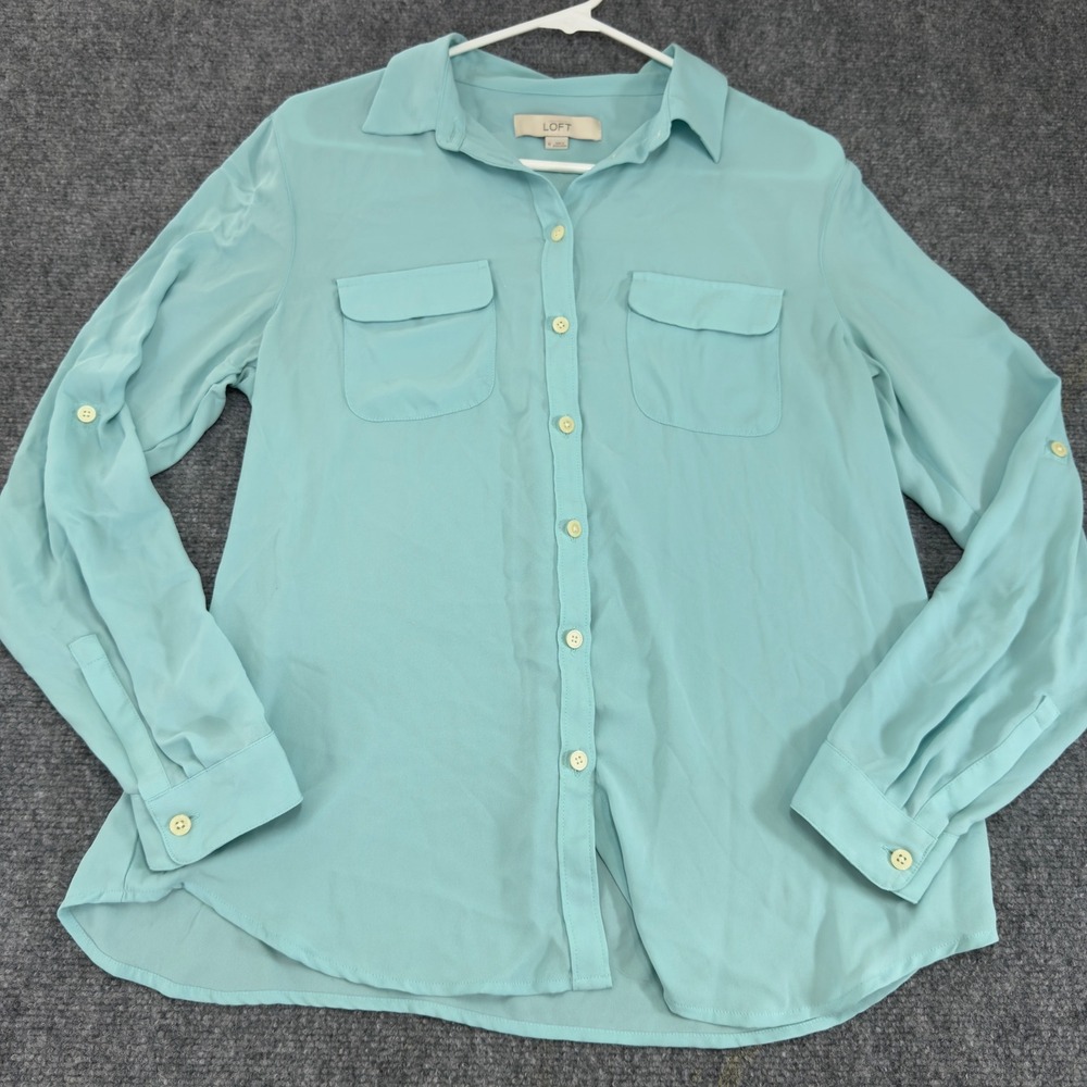 Ann Taylor LOFT Utility Blouse Button Down Roll Tab Teal Size M